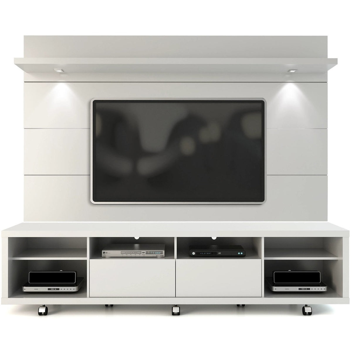 Manhattan Comfort Cabrini TV Stand and Floating Wall TV Panel with LED Lights 2.2 in White Gloss-Minimal & Modern