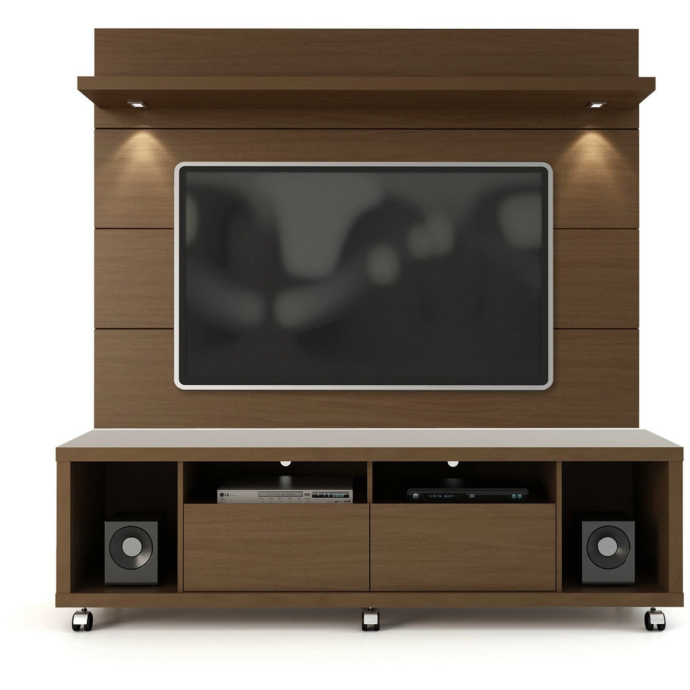 Manhattan Comfort Cabrini TV Stand and Floating Wall TV Panel with LED Lights 1.8 in Nut Brown-Minimal & Modern