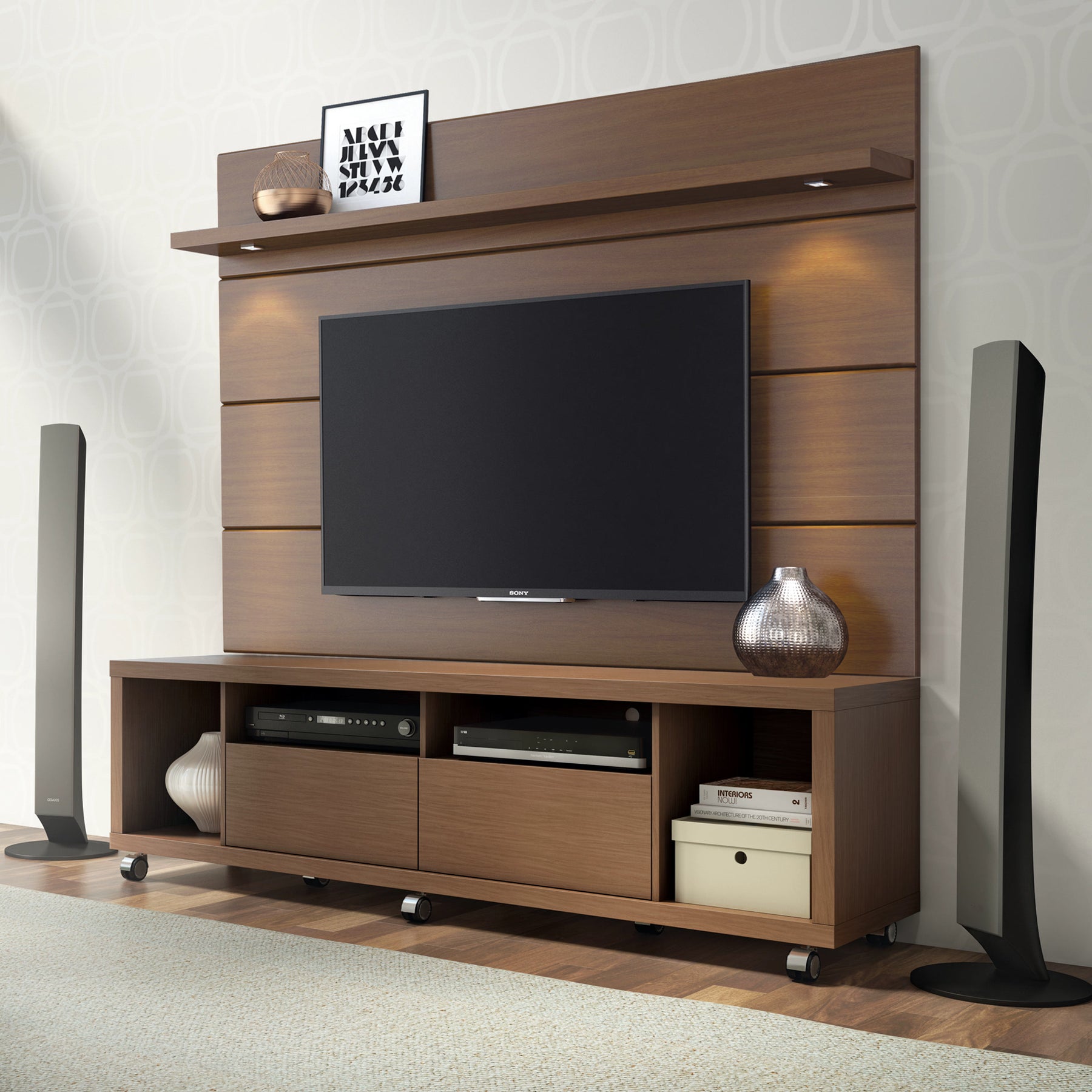 Manhattan Comfort Cabrini TV Stand and Floating Wall TV Panel with LED Lights 1.8 in Nut Brown-Minimal & Modern