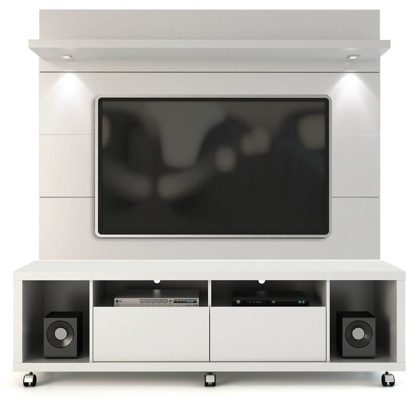 Manhattan Comfort Cabrini TV Stand and Floating Wall TV Panel with LED Lights 1.8 in White Gloss-Minimal & Modern