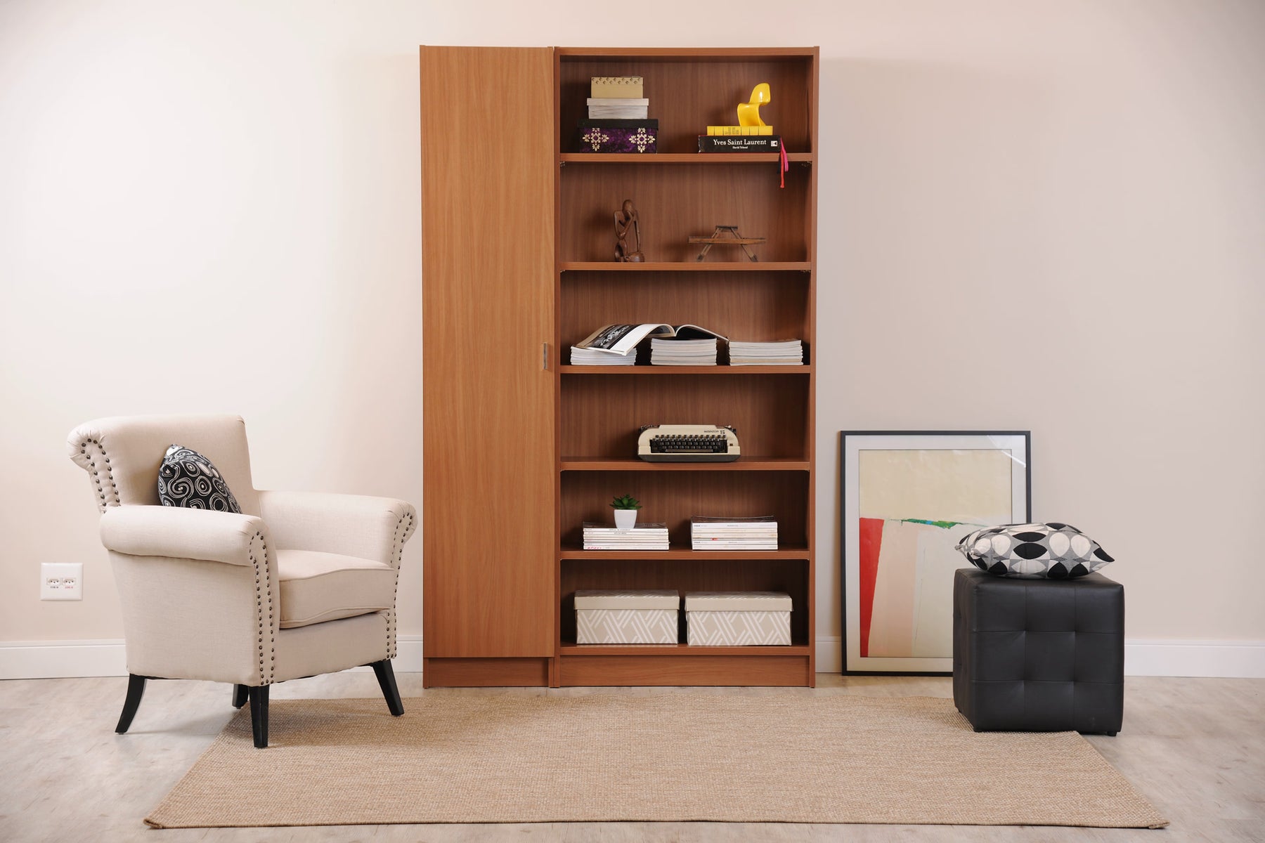 Manhattan Comfort Greenwich 2-Piece Bookcase 12 Wide and Narrow Shelves with 2 Narrow Doors in Maple Cream-Minimal & Modern