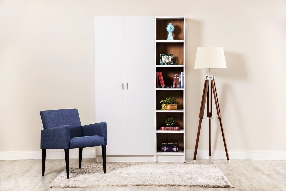 Manhattan Comfort Greenwich 2-Piece Bookcase 12 Wide and Narrow Shelves with 2 Wide Doors in White Matte and Maple Cream-Minimal & Modern
