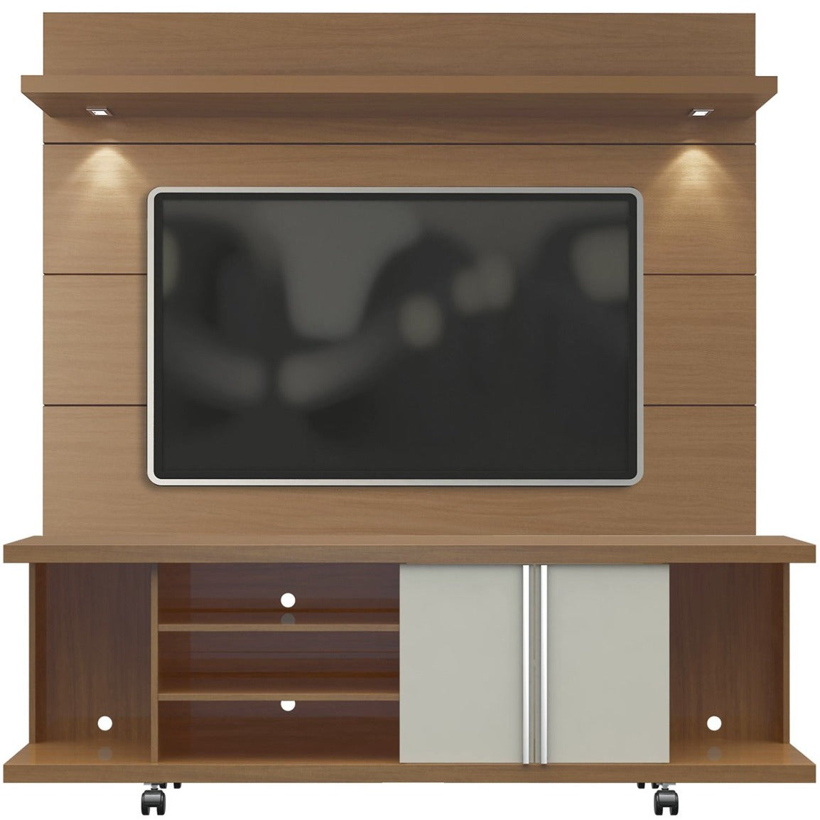 Manhattan Comfort Carnegie TV Stand and Cabrini 1.8 Floating Wall TV Panel with LED Lights in Maple Cream and Nude-Minimal & Modern