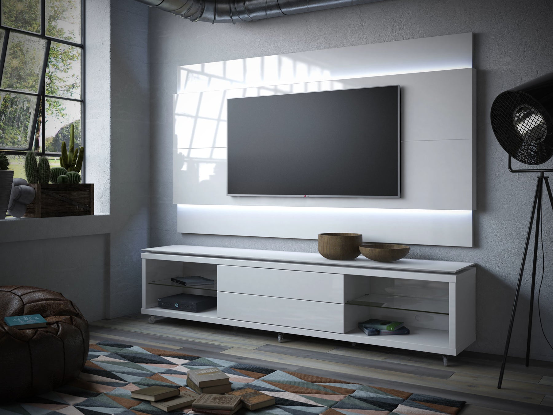 Manhattan Comfort Lincoln TV Stand with Silicone Casters and Lincoln Floating Wall TV Panel with LED Lights 1.9 in White Gloss-Minimal & Modern