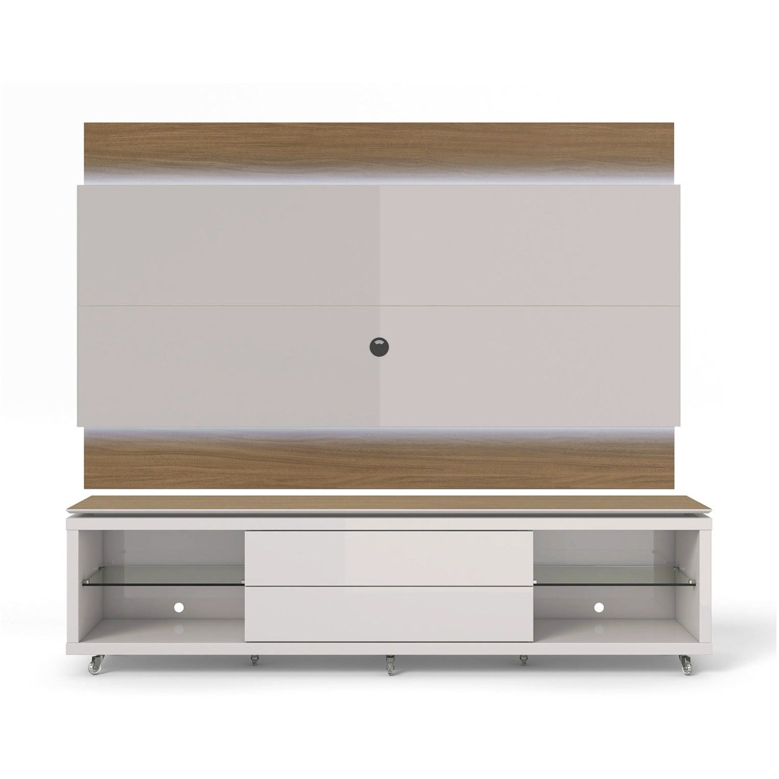 Manhattan Comfort Lincoln TV Stand with Silicone Casters and Lincoln Floating Wall TV Panel with LED Lights 1.9 in Maple Cream and Off White-Minimal & Modern
