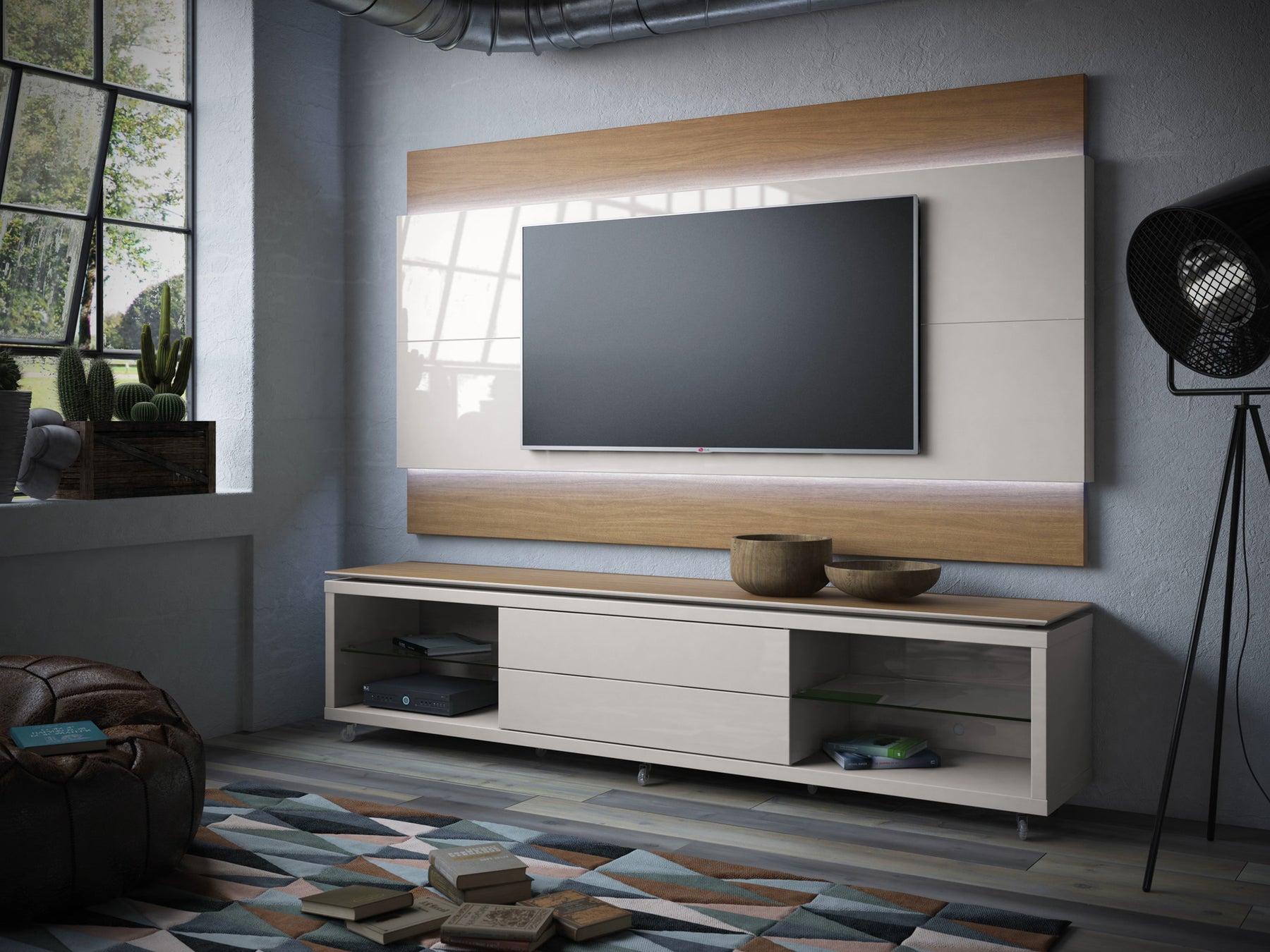 Manhattan Comfort Lincoln TV Stand with Silicone Casters and Lincoln Floating Wall TV Panel with LED Lights 1.9 in Maple Cream and Off White-Minimal & Modern