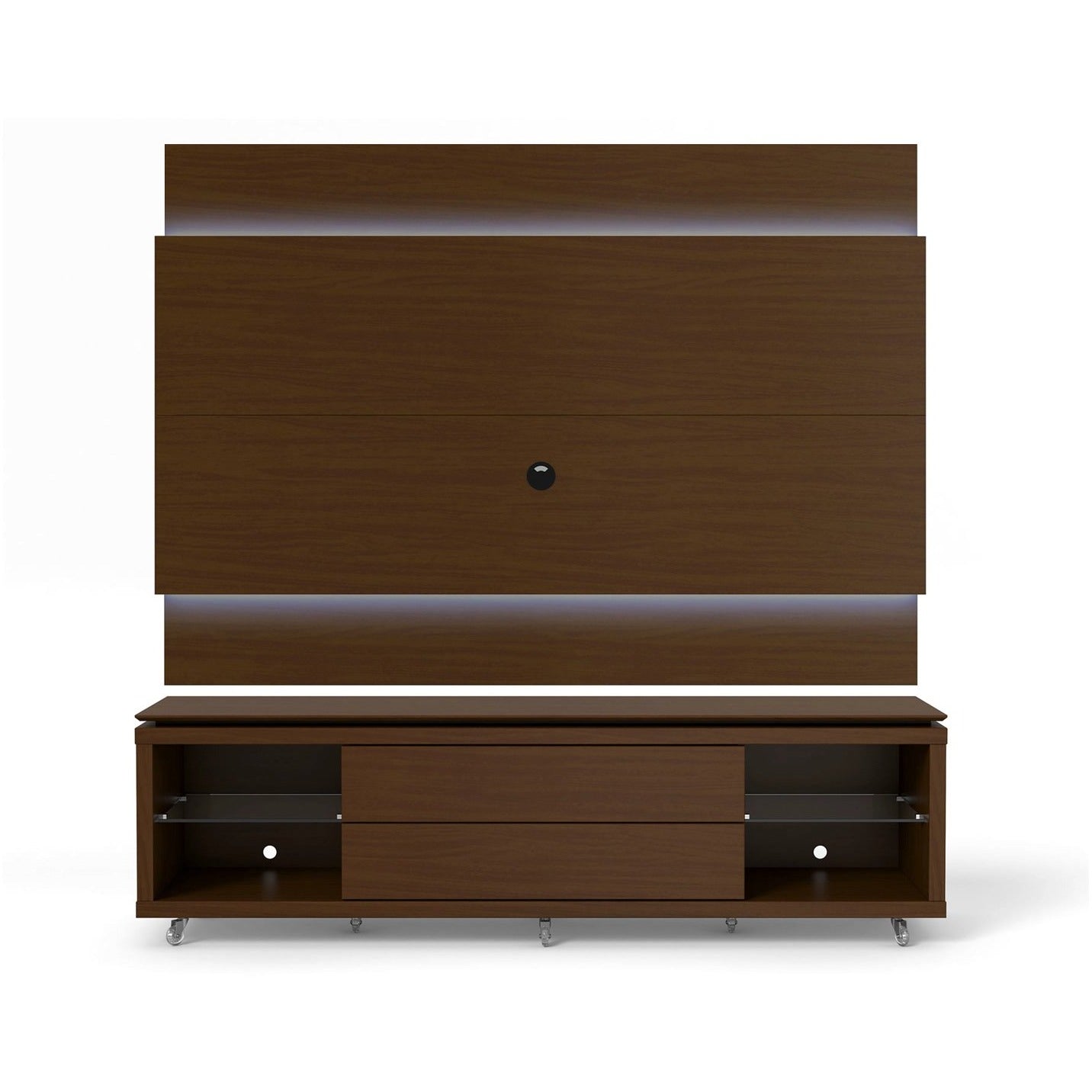 Manhattan Comfort Lincoln TV Stand with Silicone Casters and Lincoln Floating Wall TV Panel with LED Lights 2.2 in Nut Brown-Minimal & Modern