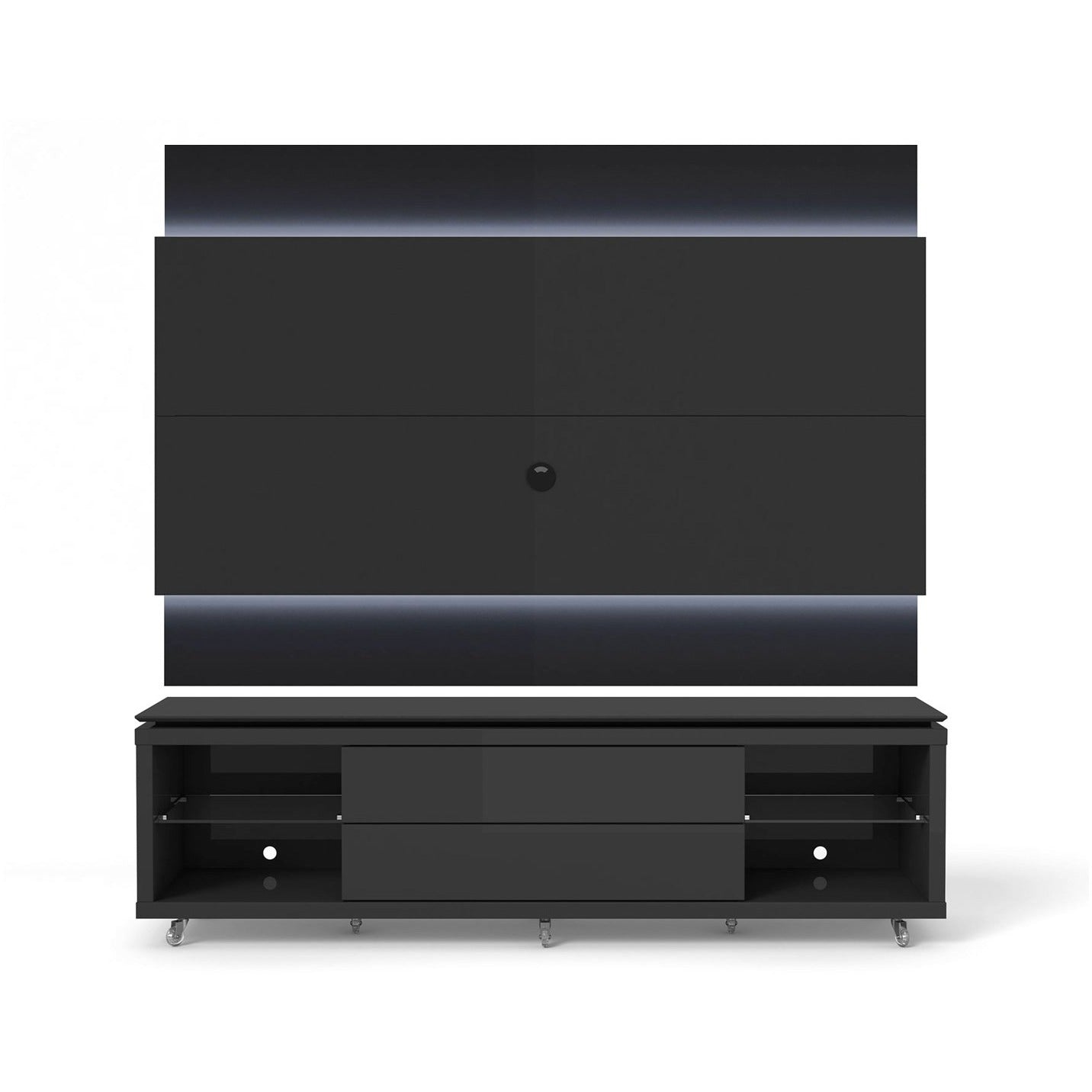Manhattan Comfort Lincoln TV Stand with Silicone Casters and Lincoln Floating Wall TV Panel with LED Lights 2.2 in Black Gloss and Black Matte-Minimal & Modern