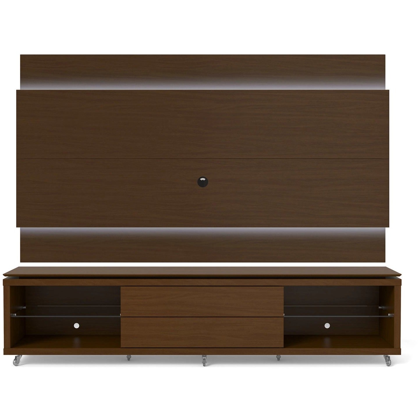 Manhattan Comfort Lincoln TV Stand with Silicone Casters and Lincoln Floating Wall TV Panel with LED Lights 2.4 in Nut Brown-Minimal & Modern