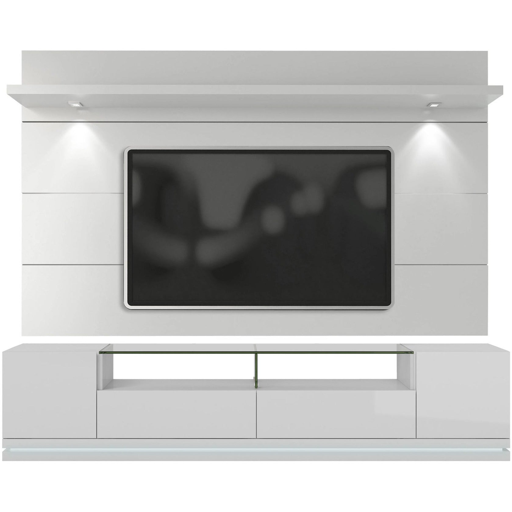 Manhattan Comfort Vanderbilt TV Stand and Cabrini 2.2 Floating Wall TV Panel with LED Lights in White Gloss-Minimal & Modern
