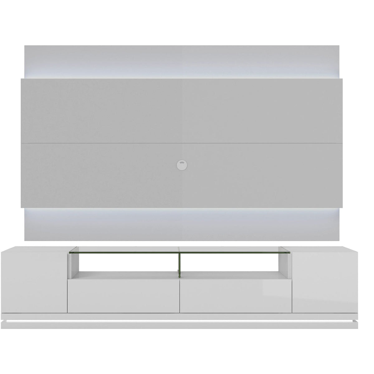 Manhattan Comfort Vanderbilt TV Stand and Lincoln 2.2 Floating Wall TV Panel with LED Lights in White Gloss-Minimal & Modern