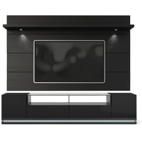 Manhattan Comfort Vanderbilt TV Stand and Cabrini 2.2 Floating Wall TV Panel with LED Lights in Black Gloss and Black Matte-Minimal & Modern