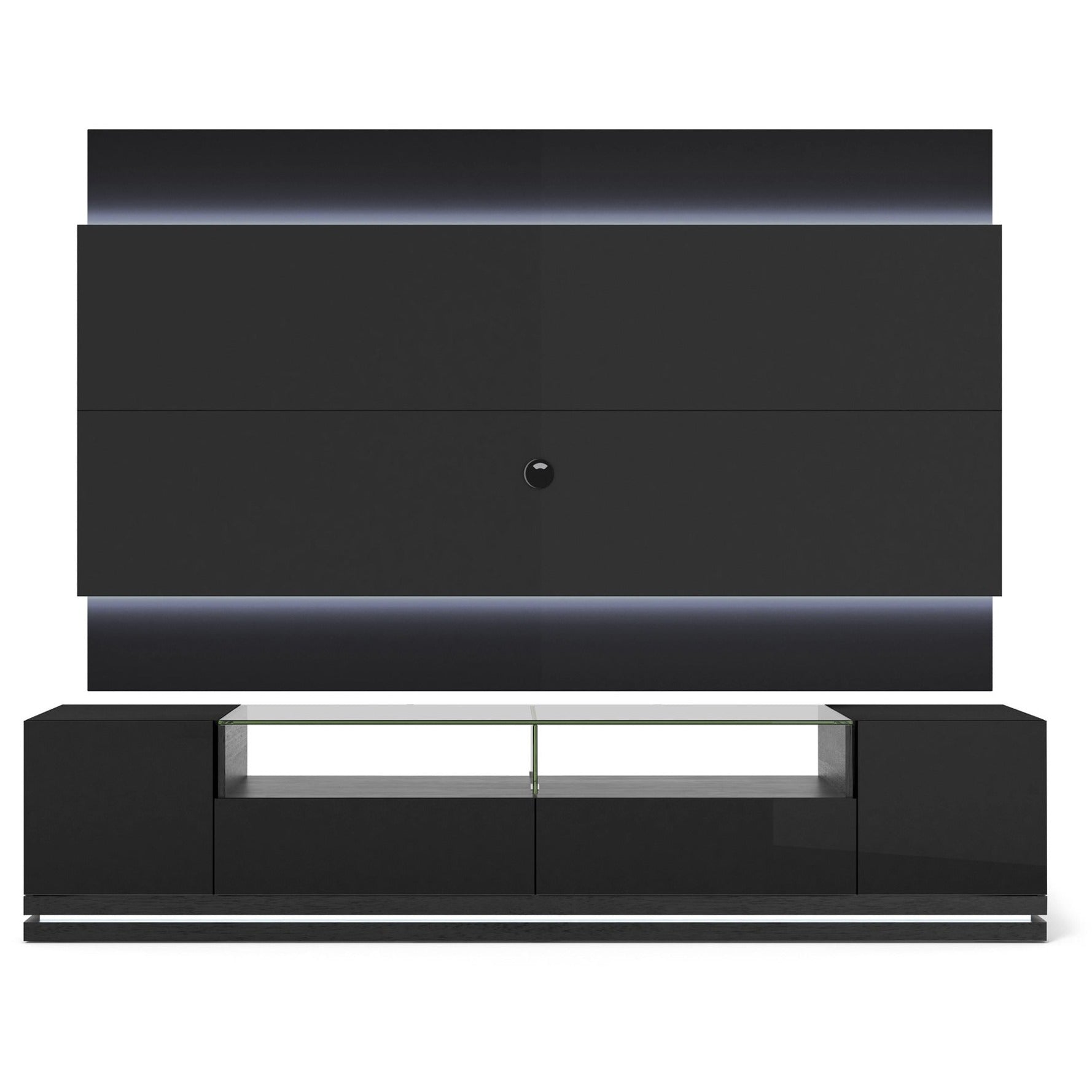 Manhattan Comfort Vanderbilt TV Stand and Lincoln 2.2 Floating Wall TV Panel with LED Lights in Black Gloss and Black Matte-Minimal & Modern