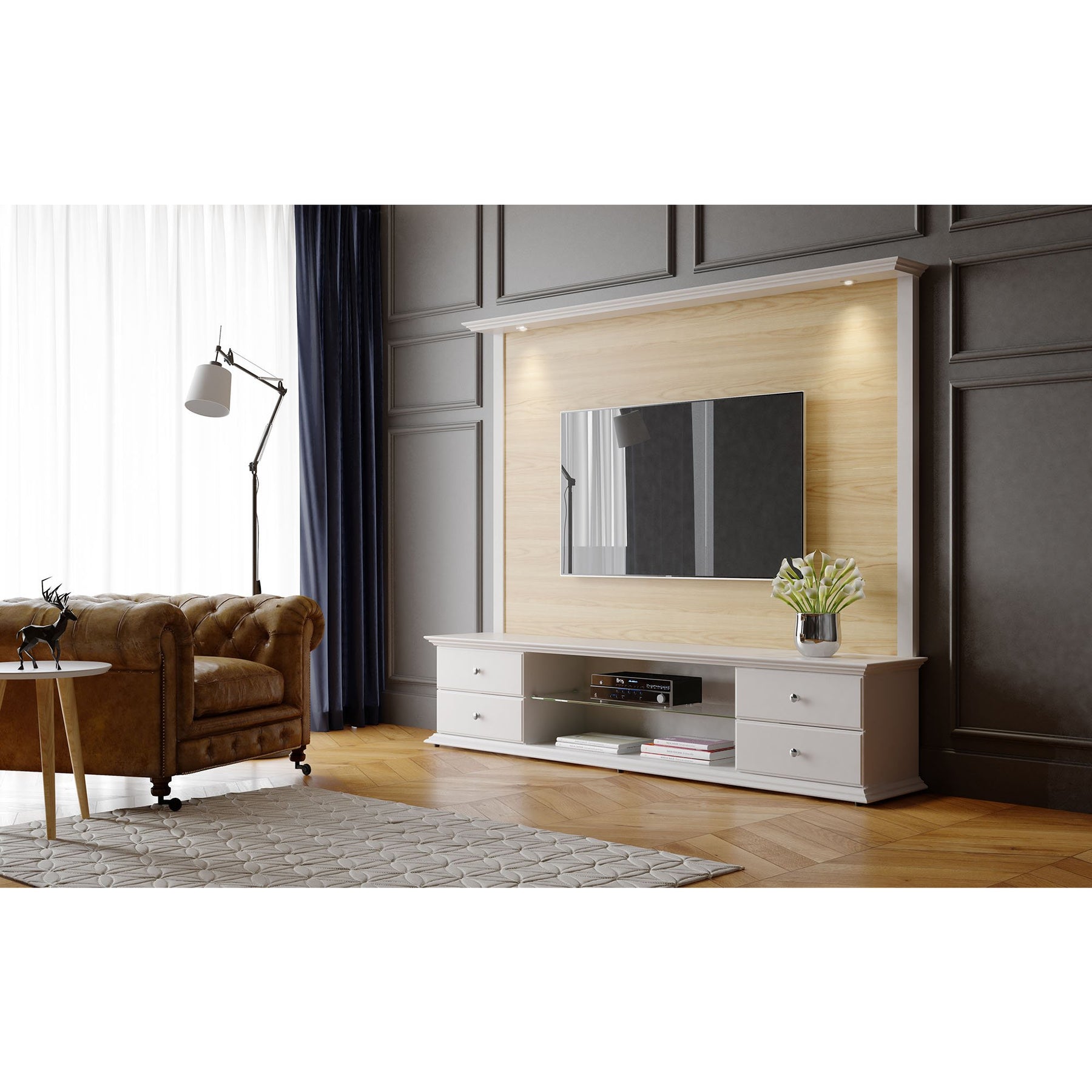 Manhattan Comfort 2-Piece Carder 85.43" TV Stand and Panel with Led Lights in Nature Wood and Off White-Minimal & Modern