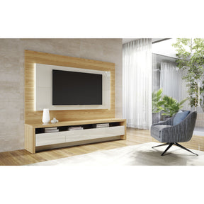 Manhattan Comfort 2-Piece Sylvan 70.86" TV Stand and Panel with LED Lights in Nature Wood and Off White-Minimal & Modern