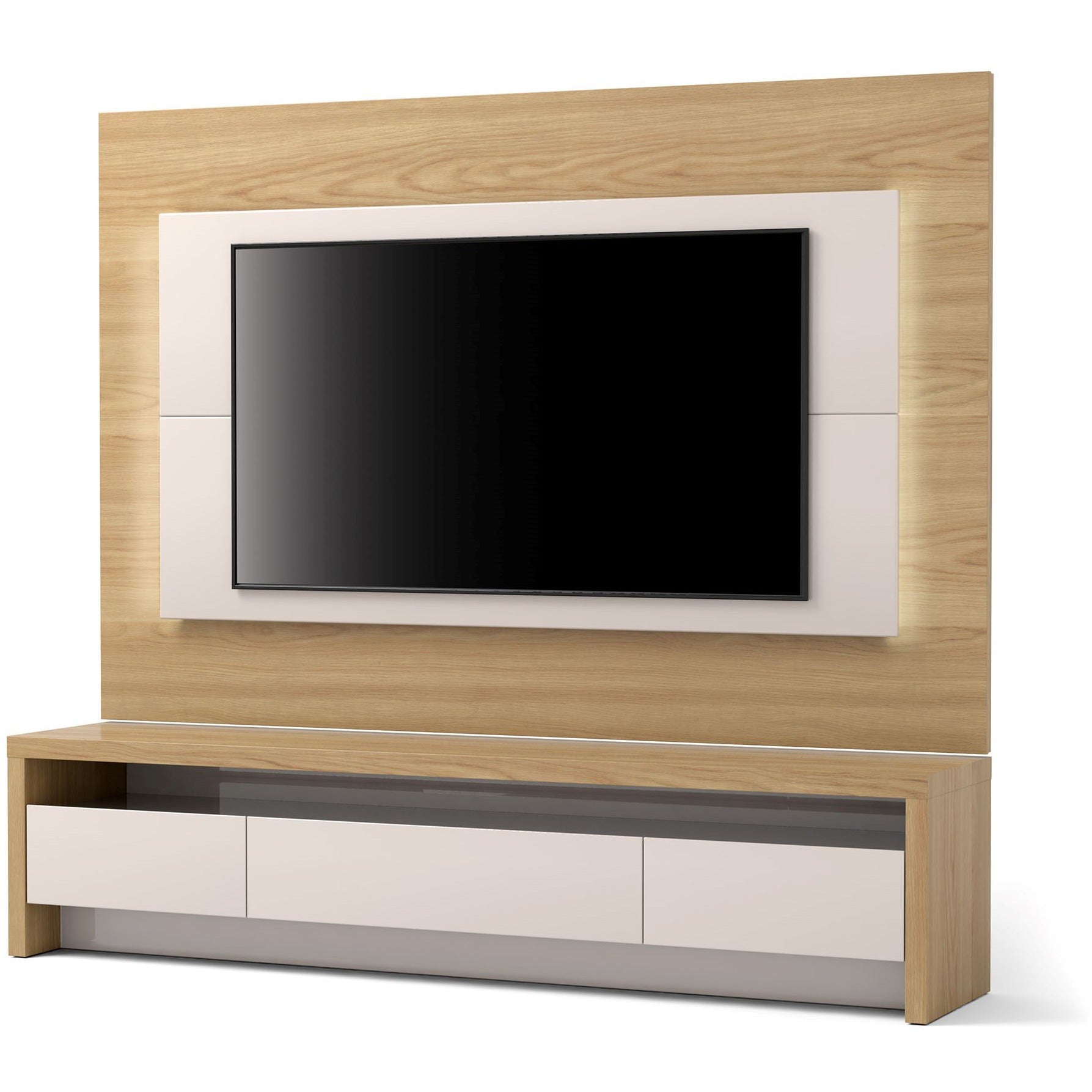 Manhattan Comfort 2-Piece Sylvan 70.86" TV Stand and Panel with LED Lights in Nature Wood and Off White-Minimal & Modern