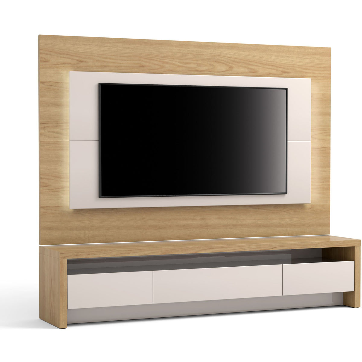 Manhattan Comfort 2-Piece Sylvan 85.43" TV Stand and Panel with LED Lights in Nature Wood and Off White-Minimal & Modern