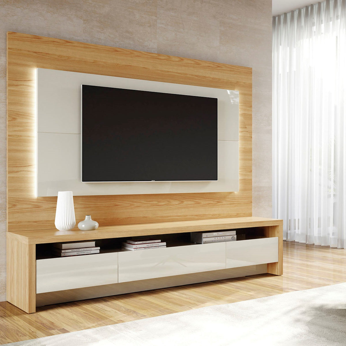 Manhattan Comfort 2-Piece Sylvan 85.43" TV Stand and Panel with LED Lights in Nature Wood and Off White-Minimal & Modern
