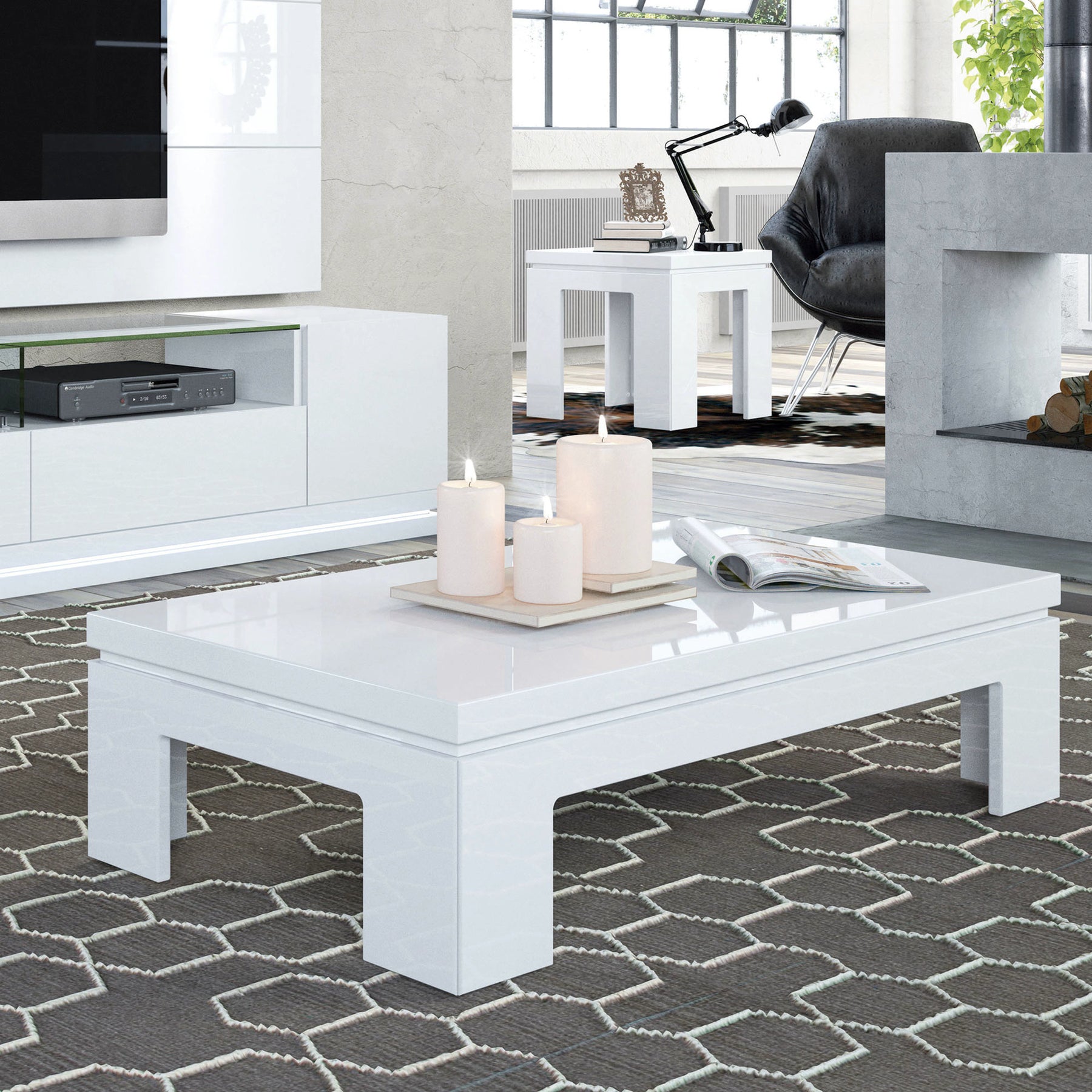 Manhattan Comfort Bridge 2-Piece Accent Table Living Room Set in White Gloss-Minimal & Modern