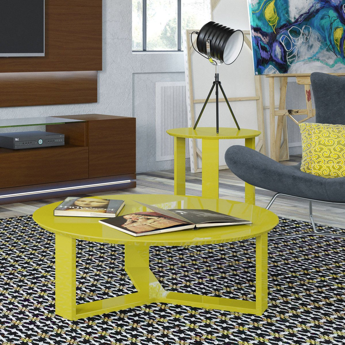 Manhattan Comfort Madison 2-Piece Accent Table Living Room Set in Lime Gloss-Minimal & Modern