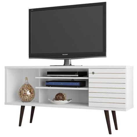 Manhattan Comfort Liberty 53.14" Mid Century - Modern TV Stand  with 5 Shelves and 1 Door in White  with Solid Wood LegsManhattan Comfort-Entertainment Center- - 1