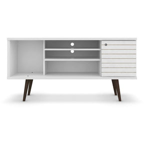 Manhattan Comfort Liberty 53.14" Mid Century - Modern TV Stand  with 5 Shelves and 1 Door in White  with Solid Wood Legs