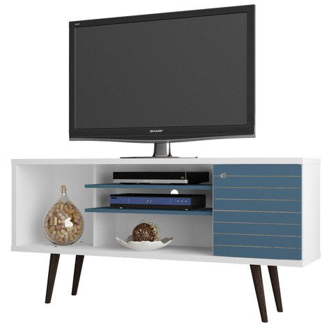 Manhattan Comfort Liberty 53.14" Mid Century - Modern TV Stand  with 5 Shelves and 1 Door in White and Aqua Blue  with Solid Wood LegsManhattan Comfort-Entertainment Center- - 1