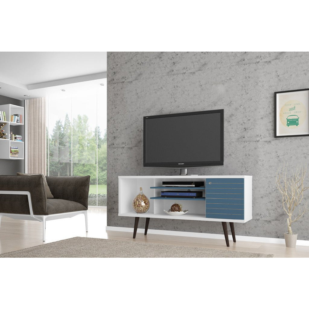 Manhattan Comfort Liberty 53.14" Mid Century - Modern TV Stand  with 5 Shelves and 1 Door in White and Aqua Blue  with Solid Wood Legs