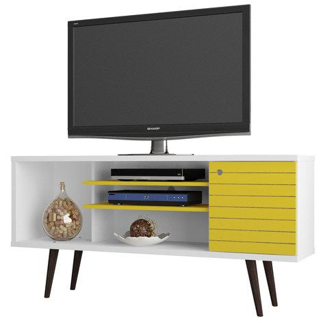 Manhattan Comfort Liberty 53.14" Mid Century - Modern TV Stand  with 5 Shelves and 1 Door in White and Yellow with Solid Wood LegsManhattan Comfort-Entertainment Center- - 1