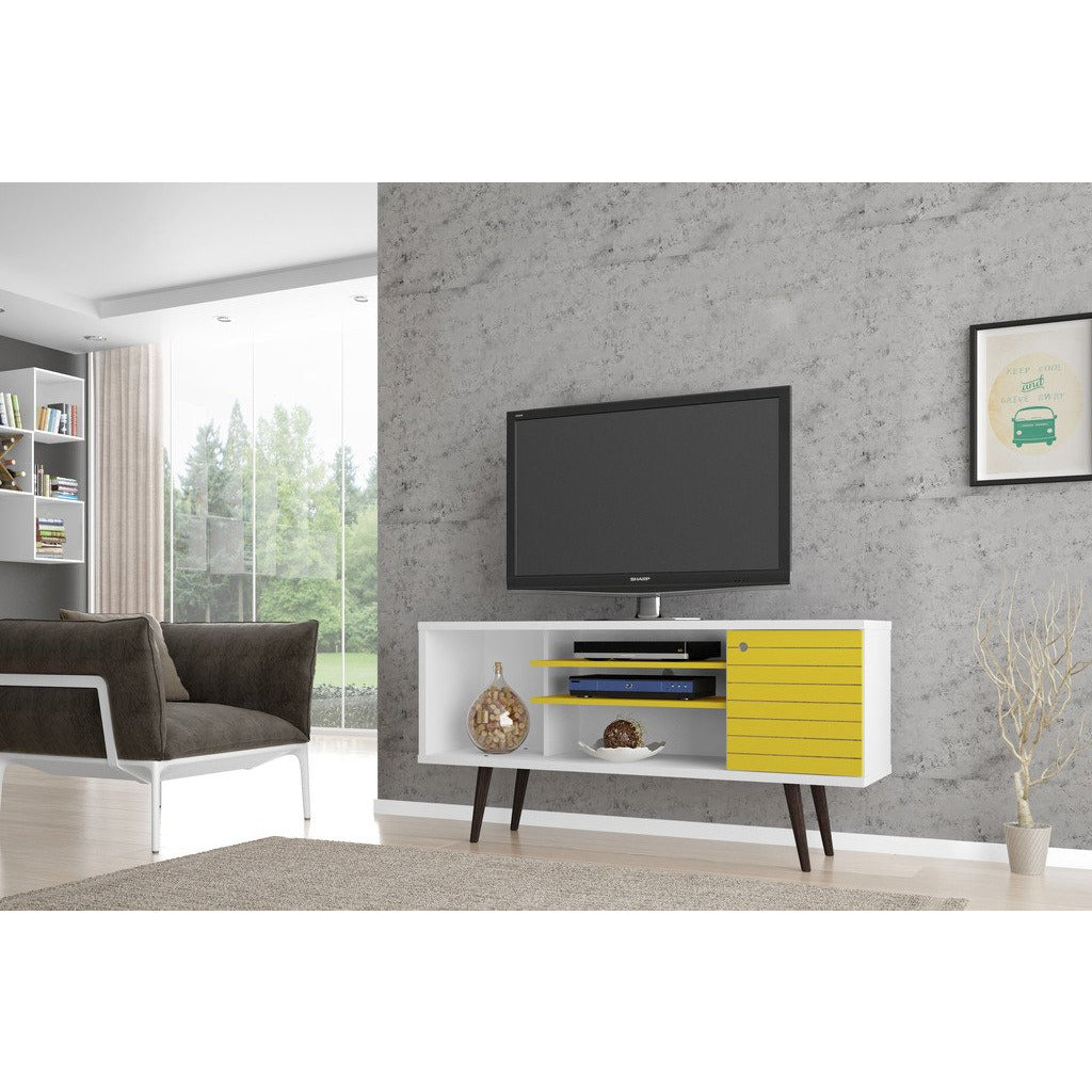 Manhattan Comfort Liberty 53.14" Mid Century - Modern TV Stand  with 5 Shelves and 1 Door in White and Yellow with Solid Wood Legs