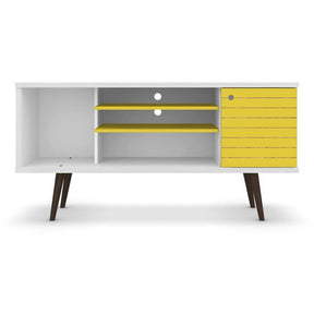 Manhattan Comfort Liberty 53.14" Mid Century - Modern TV Stand  with 5 Shelves and 1 Door in White and Yellow with Solid Wood Legs