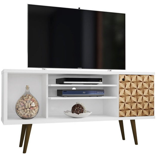 Manhattan Comfort  Liberty 53.14" Mid Century - Modern TV Stand  with 5 Shelves and 1 Door  in White and 3D Brown PrintsManhattan Comfort-Entertainment Center- - 1