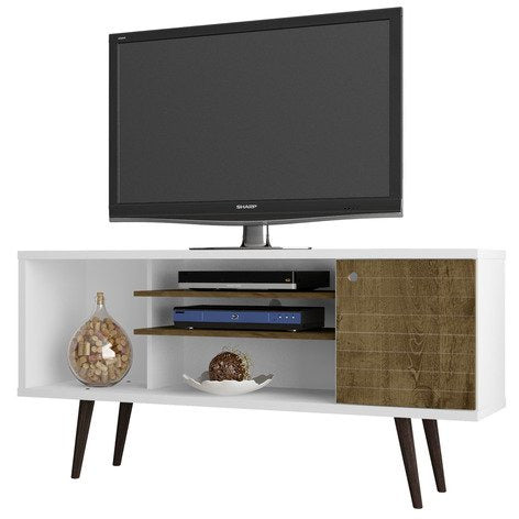 Manhattan Comfort Liberty 53.14" Mid Century - Modern TV Stand  with 5 Shelves and 1 Door in White and Rustic Brown with Solid Wood LegsManhattan Comfort-Entertainment Center- - 1