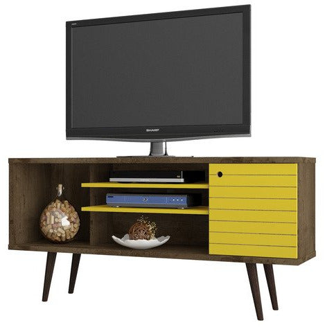 Manhattan Comfort Liberty 53.14" Mid Century - Modern TV Stand  with 5 Shelves and 1 Door in Rustic Brown and Yellow  with Solid Wood LegsManhattan Comfort-Entertainment Center- - 1