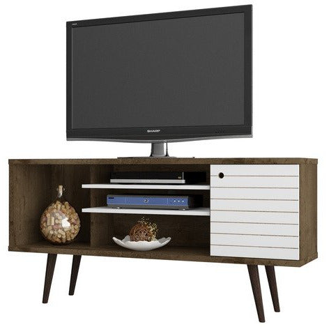 Manhattan Comfort Liberty 53.14" Mid Century - Modern TV Stand  with 5 Shelves and 1 Door in Rustic Brown and White  with Solid Wood LegsManhattan Comfort-Entertainment Center- - 1