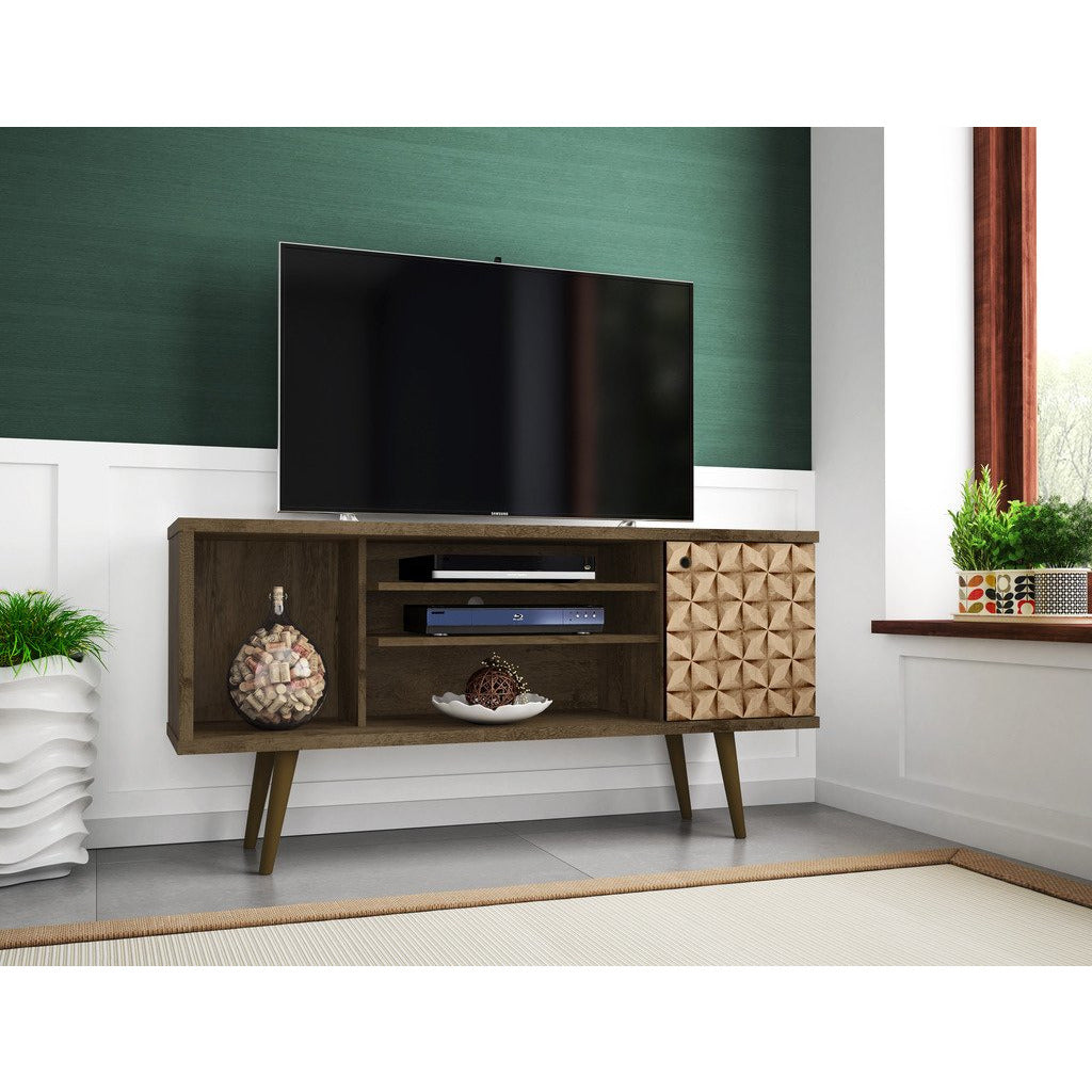 Manhattan Comfort  Liberty 53.14" Mid Century - Modern TV Stand  with 5 Shelves and 1 Door  in Rustic Brown and 3D Brown Prints