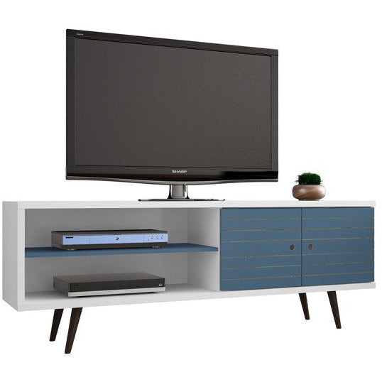 Manhattan Comfort Liberty 62.99" Mid Century - Modern TV Stand with 3 Shelves and 2 Doors in White and Aqua Blue  with Solid Wood LegsManhattan Comfort-Entertainment Center- - 1