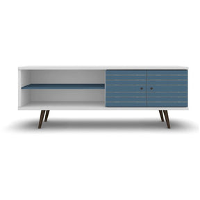 Manhattan Comfort Liberty 62.99" Mid Century - Modern TV Stand with 3 Shelves and 2 Doors in White and Aqua Blue  with Solid Wood Legs