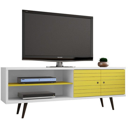 Manhattan Comfort Liberty 62.99" Mid Century - Modern TV Stand with 3 Shelves and 2 Doors in White and Yellow with Solid Wood LegsManhattan Comfort-Entertainment Center- - 1