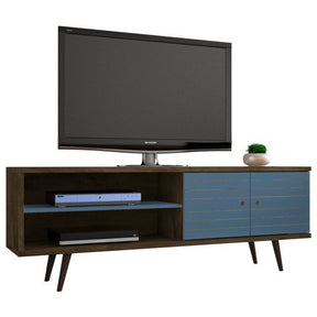 Manhattan Comfort Liberty 62.99" Mid Century - Modern TV Stand with 3 Shelves and 2 Doors in Rustic Brown and Aqua Blue  with Solid Wood LegsManhattan Comfort-Entertainment Center- - 1