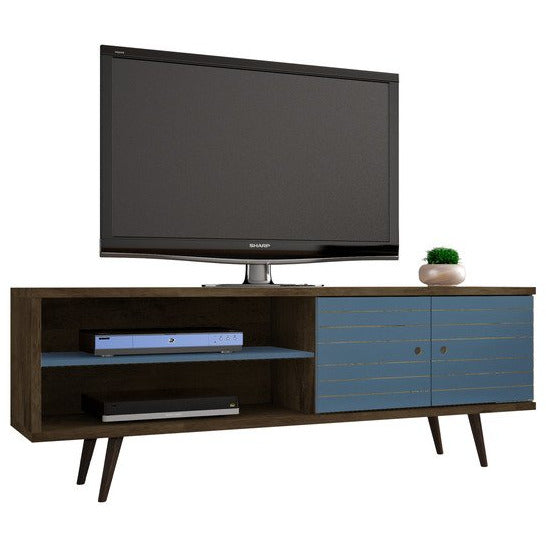 Manhattan Comfort Liberty 62.99" Mid Century - Modern TV Stand with 3 Shelves and 2 Doors in Rustic Brown and Aqua Blue  with Solid Wood LegsManhattan Comfort-Entertainment Center- - 1