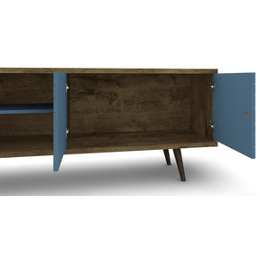 Manhattan Comfort Liberty 62.99" Mid Century - Modern TV Stand with 3 Shelves and 2 Doors in Rustic Brown and Aqua Blue  with Solid Wood Legs