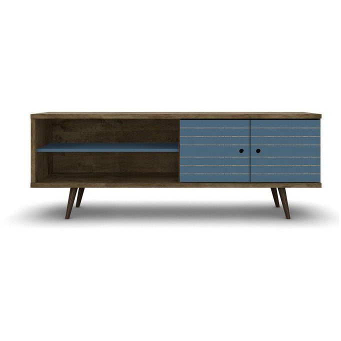 Manhattan Comfort Liberty 62.99" Mid Century - Modern TV Stand with 3 Shelves and 2 Doors in Rustic Brown and Aqua Blue  with Solid Wood Legs
