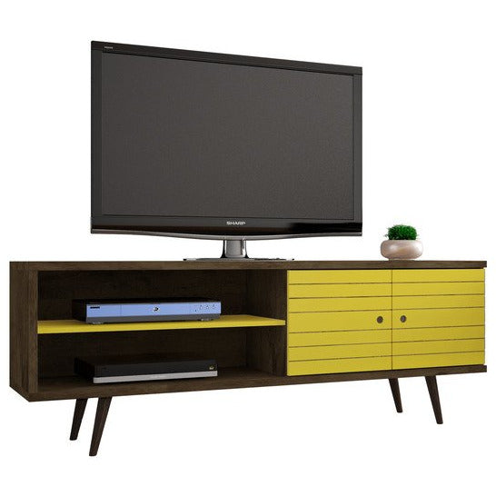 Manhattan Comfort Liberty 62.99" Mid Century - Modern TV Stand with 3 Shelves and 2 Doors in Rustic Brown and Yellow  with Solid Wood LegsManhattan Comfort-Entertainment Center- - 1
