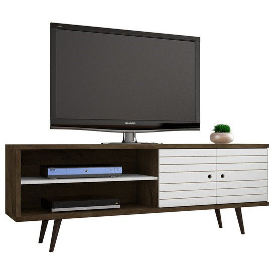 Manhattan Comfort Liberty 62.99" Mid Century - Modern TV Stand with 3 Shelves and 2 Doors in Rustic Brown and White  with Solid Wood LegsManhattan Comfort-Entertainment Center- - 1