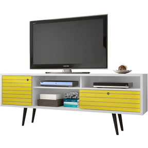 Manhattan Comfort Liberty 70.86" Mid Century - Modern TV Stand with 4 Shelving Spaces and 1 Drawer in White and Yellow with Solid Wood Legs-Minimal & Modern
