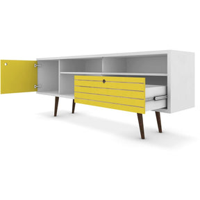 Manhattan Comfort Liberty 70.86" Mid Century - Modern TV Stand with 4 Shelving Spaces and 1 Drawer in White and Yellow with Solid Wood Legs-Minimal & Modern
