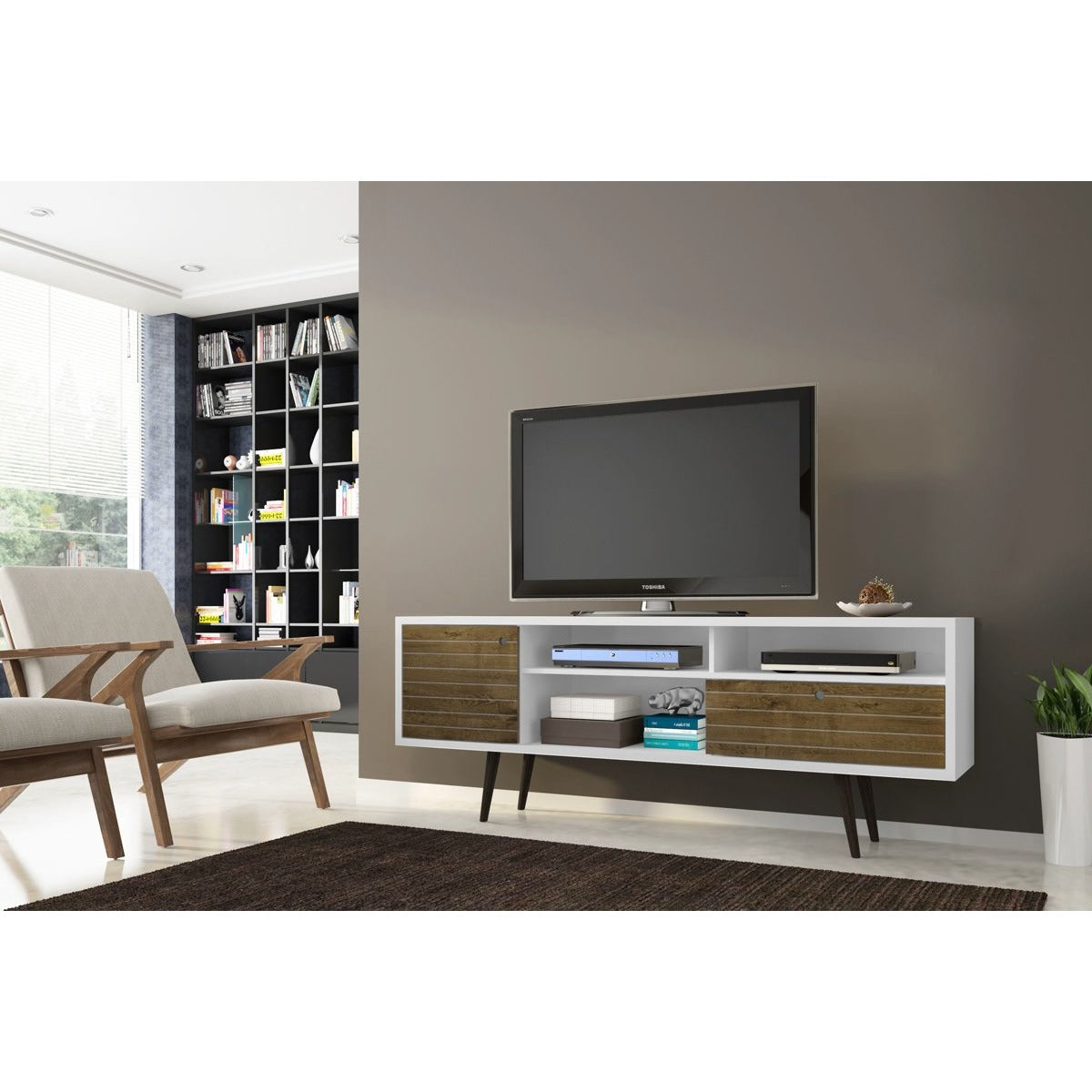 Manhattan Comfort Liberty 70.86" Mid Century - Modern TV Stand with 4 Shelving Spaces and 1 Drawer in White and Rustic Brown with Solid Wood Legs-Minimal & Modern