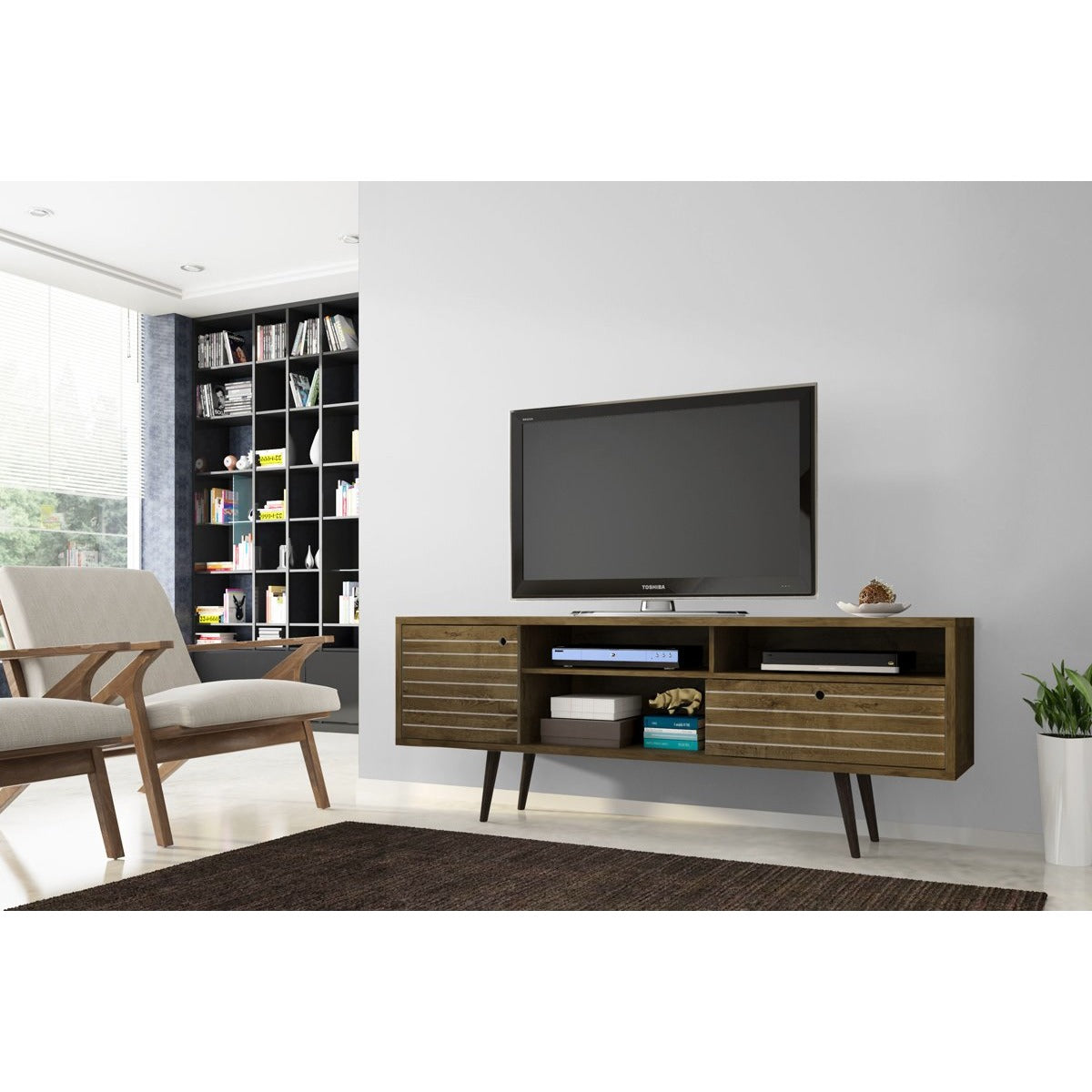 Manhattan Comfort Liberty 70.86" Mid Century - Modern TV Stand with 4 Shelving Spaces and 1 Drawer in Rustic Brown with Solid Wood Legs-Minimal & Modern