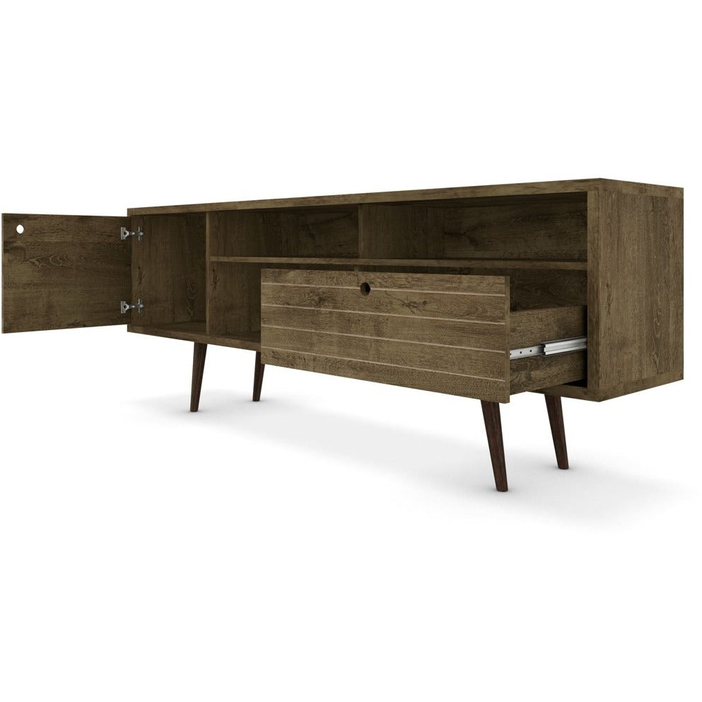 Manhattan Comfort Liberty 70.86" Mid Century - Modern TV Stand with 4 Shelving Spaces and 1 Drawer in Rustic Brown with Solid Wood Legs-Minimal & Modern